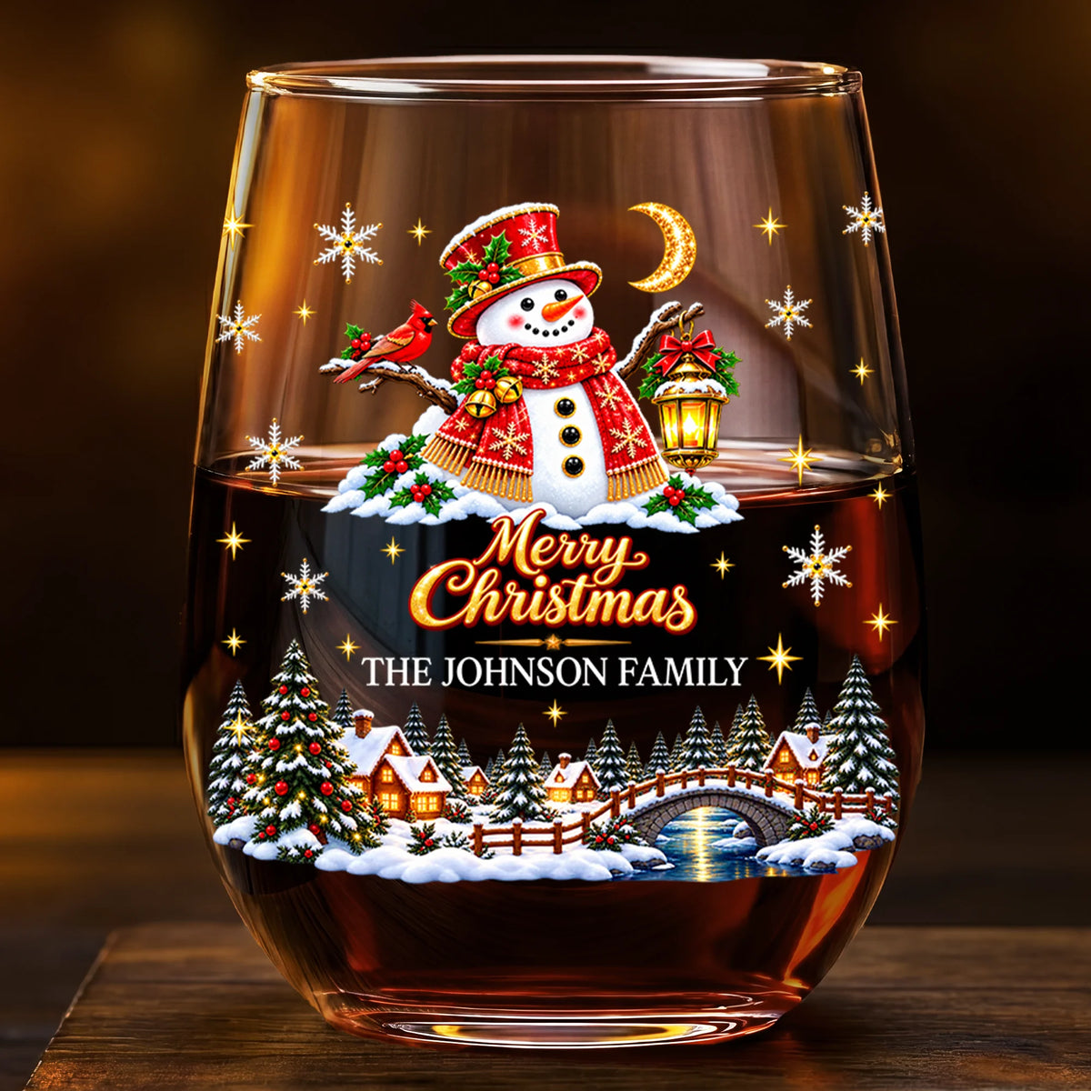 Merry Christmas Personalized Stemless Wine Glass - Custom Holiday Gift for Family