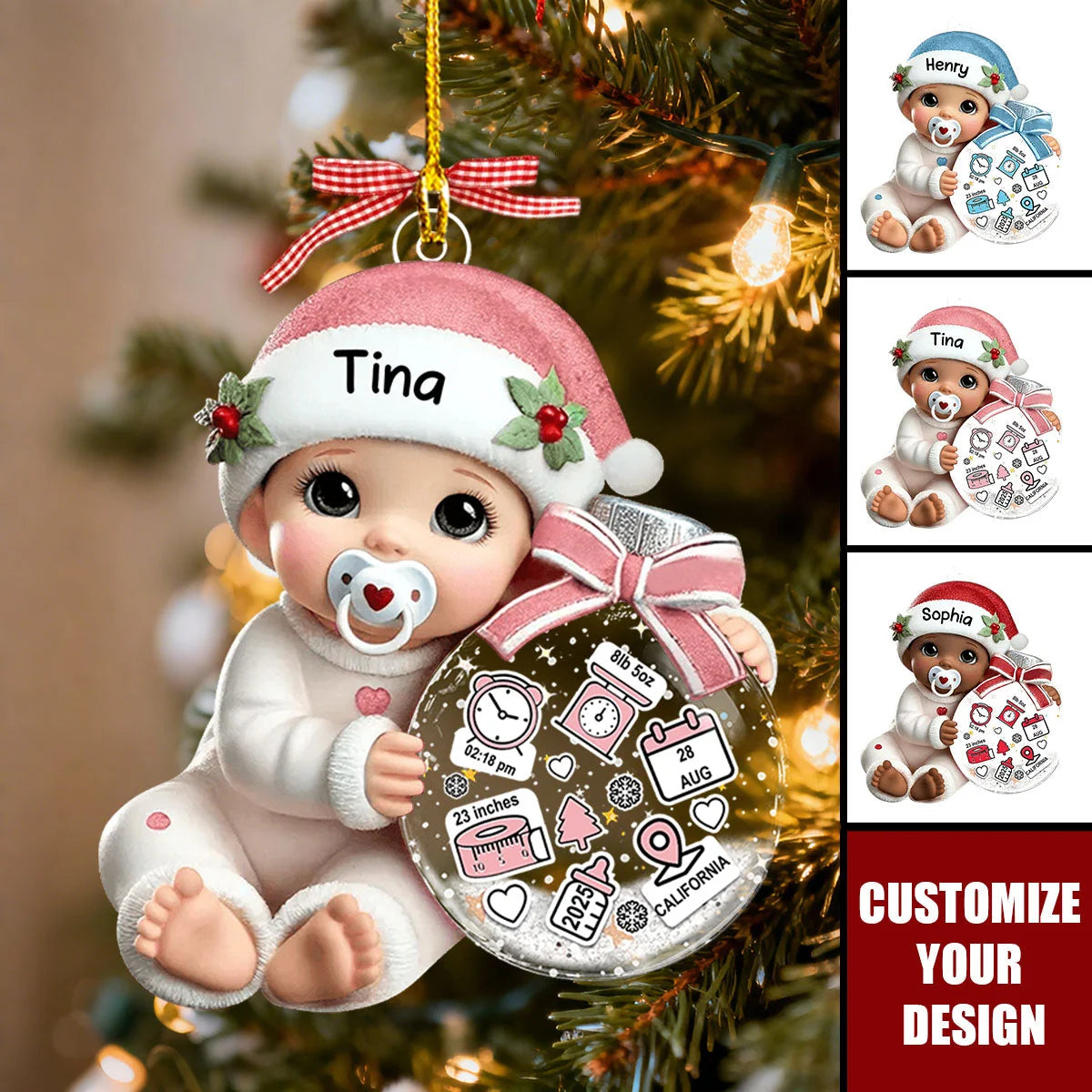 Baby’s First Christmas Personalized Birth Stats Acrylic Ornament - Custom Gift for New Mom