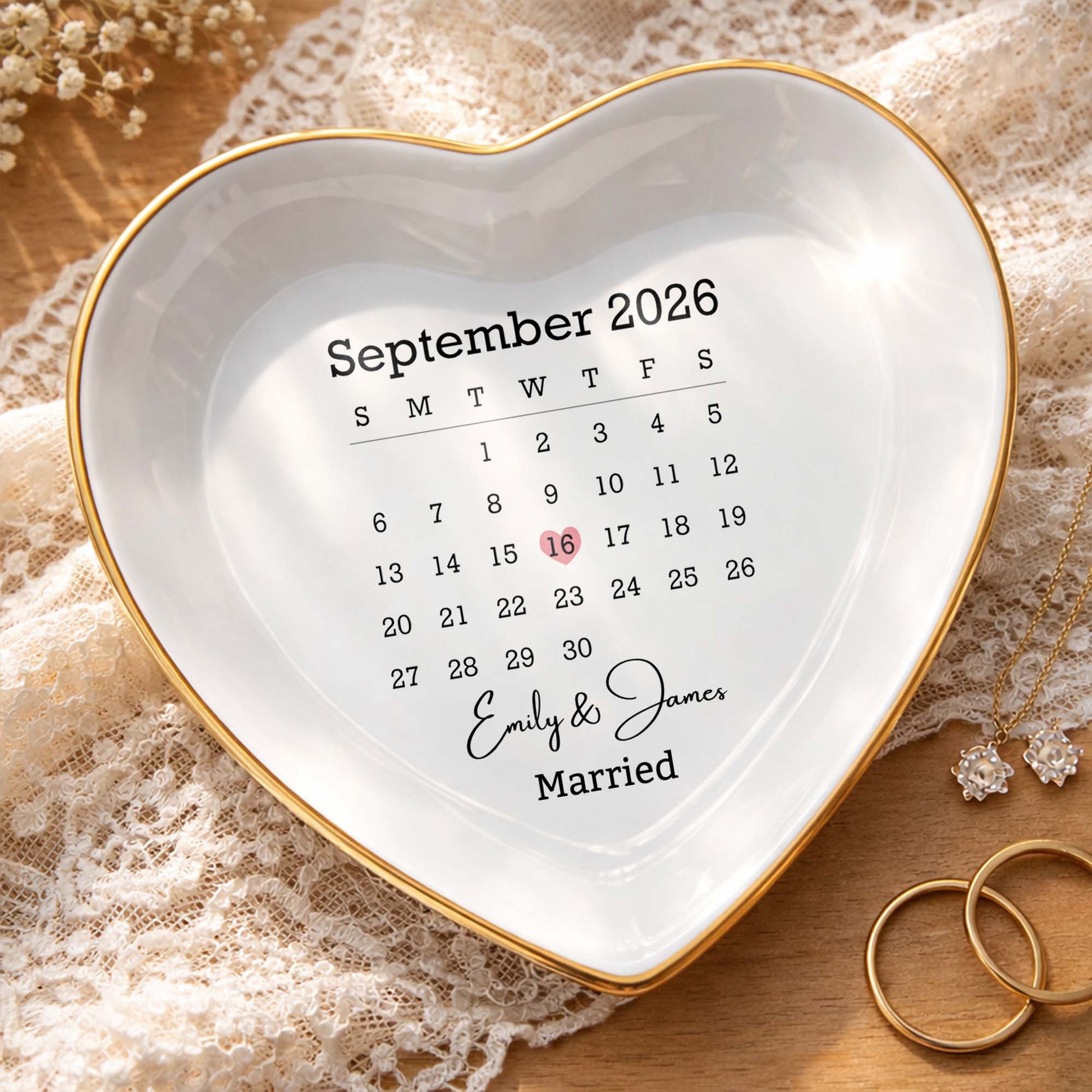 Personalized wedding calendar heart jewelry dish with custom names Emily & James and marked date