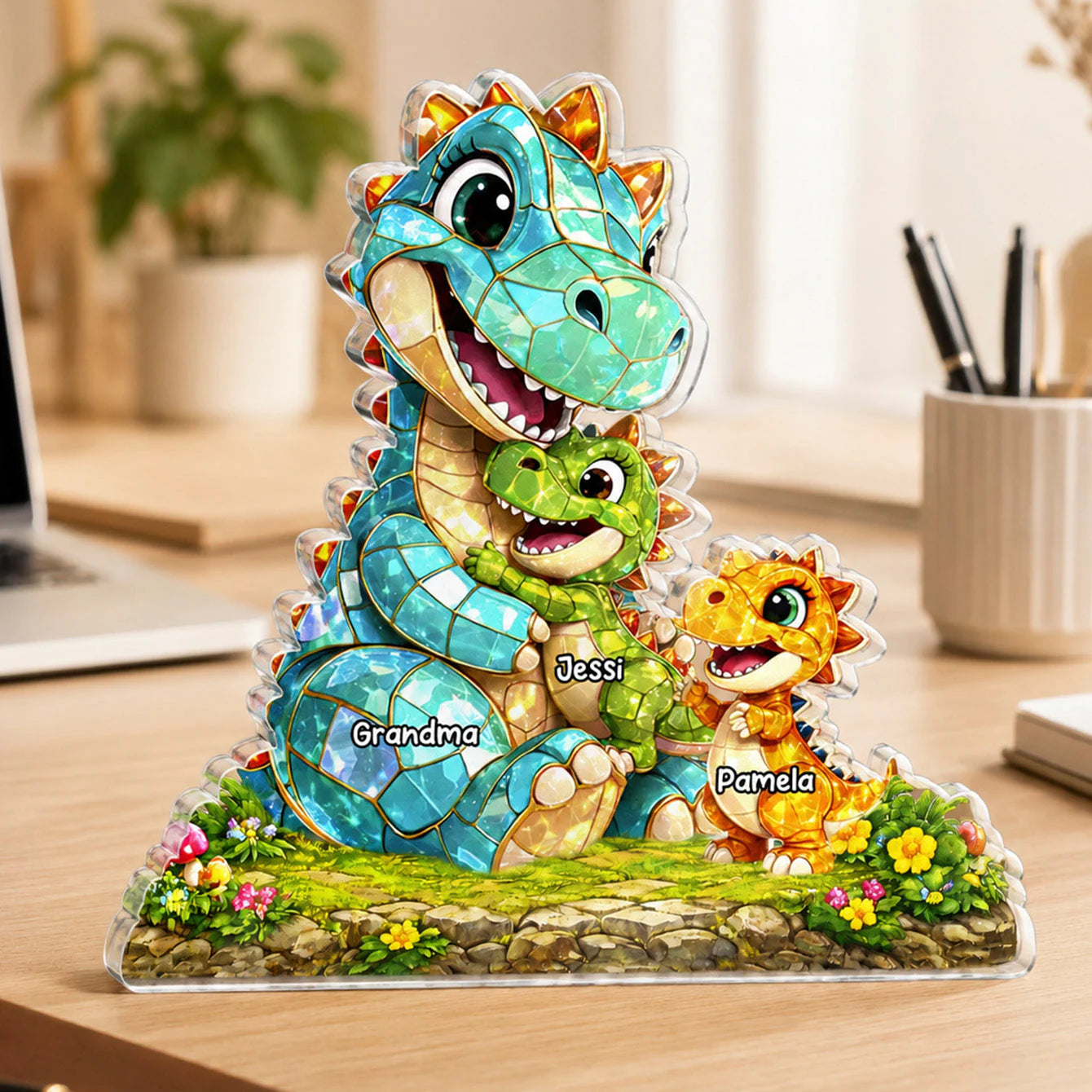 Personalized Dino Family Acrylic Plaque for Grandma with personalized design details for meaningful gifting