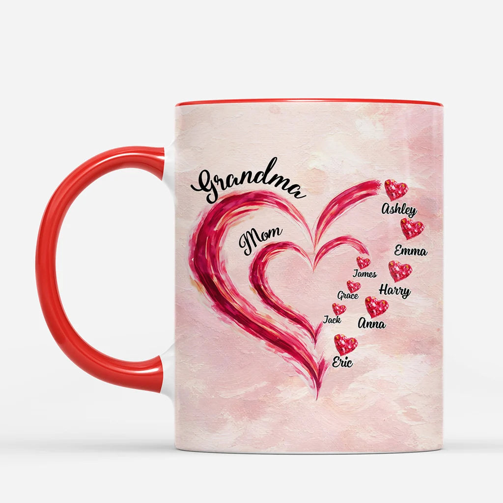 Personalized Grandma Coffee Mug with Custom Kids Names - Heart Watercolor Design Gift for Mom and Grandma