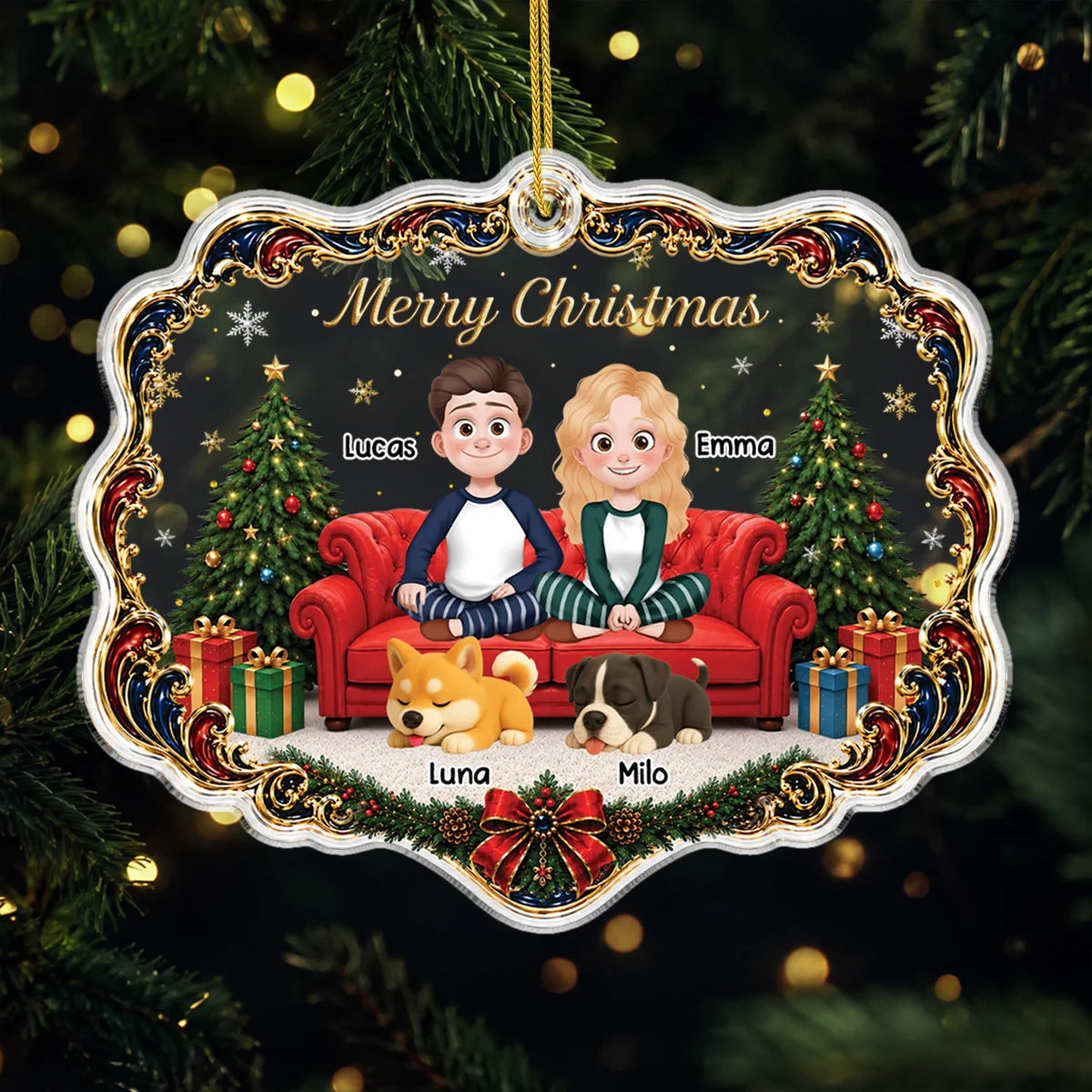 "Merry Christmas" Personalized Couple and Dogs Acrylic Ornament - Custom Gift for Dog Lovers