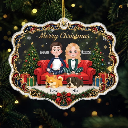 "Merry Christmas" Personalized Couple and Dogs Acrylic Ornament - Custom Gift for Dog Lovers
