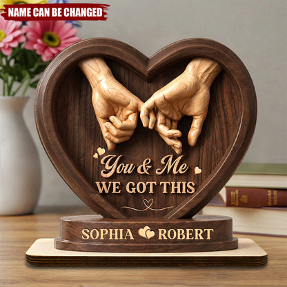 Personalized couple plaque with custom engraved names and wood pinky swear heart design for anniversary gift