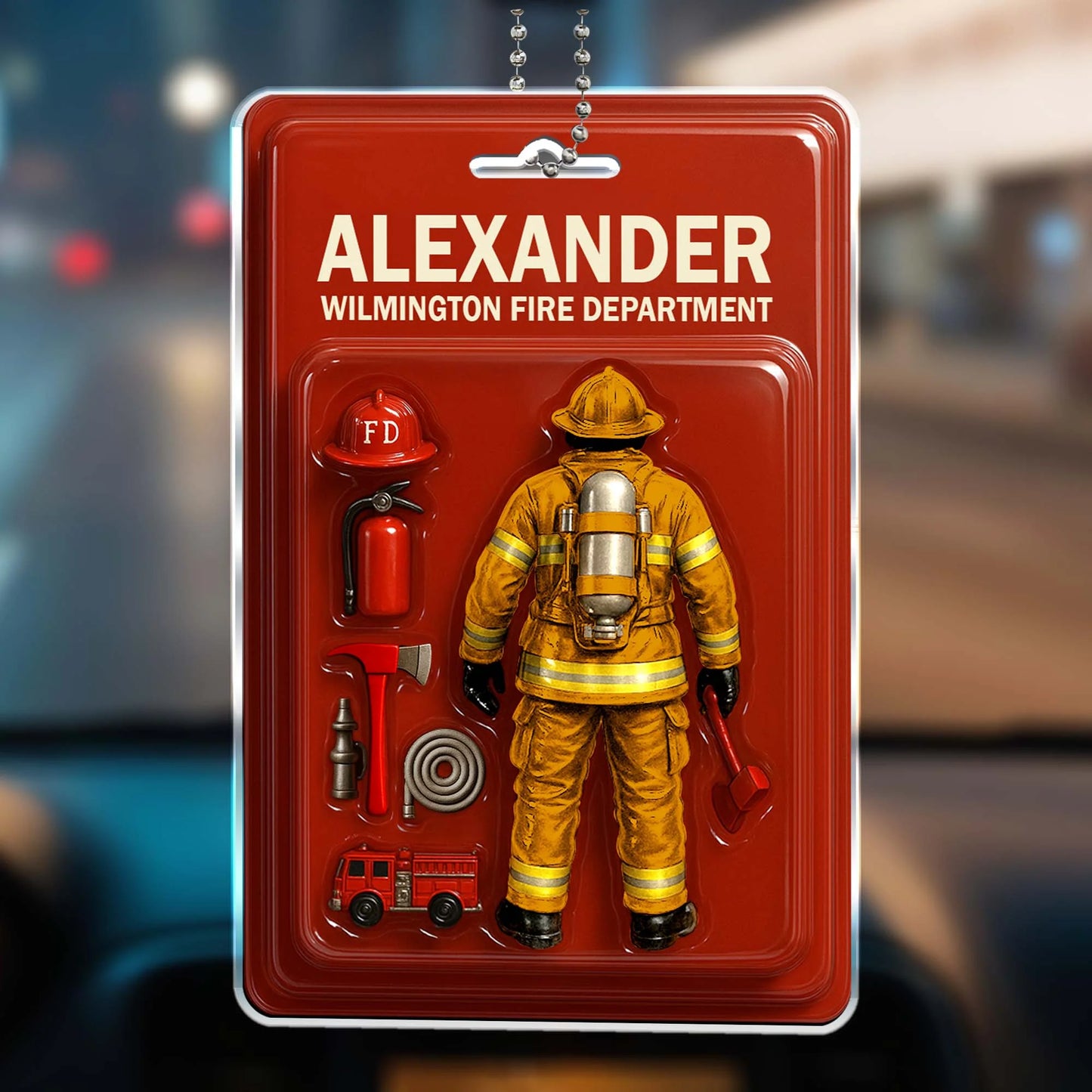 Custom Firefighter Themed Acrylic Ornament With Fire Department Equipment