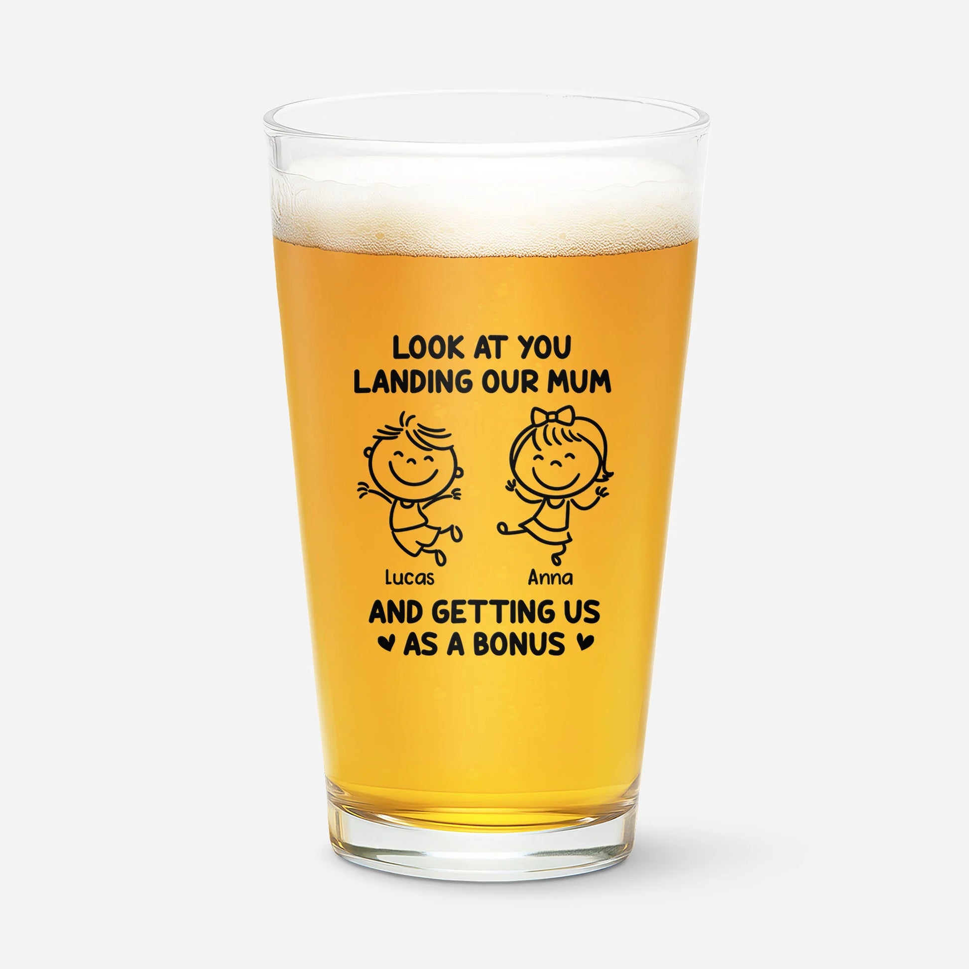 Custom Bonus Dad Beer Glass for Dad with personalized design details for meaningful gifting