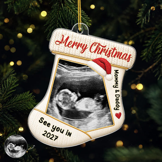 "See You In 2027" Custom Ultrasound Baby Photo Christmas Stocking Acrylic Ornament - Personalized Gifts for Parents-to-Be