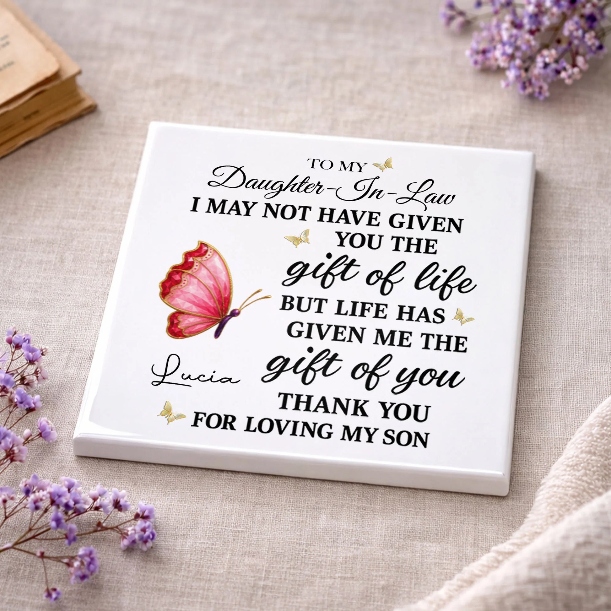 Personalized daughter in law ceramic coaster with butterfly design and touching message image 8