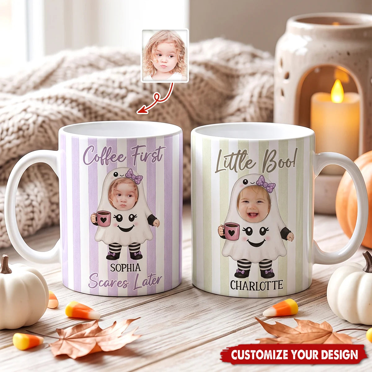 "Too Cute To Spook" Custom Baby Face Halloween Mug - Personalized Photo Little Boo Ceramic Coffee Cup Gift