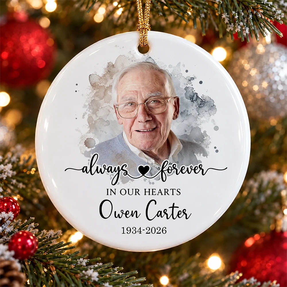 Always Forever in Our Hearts Personalized Memorial Ornament - Custom Photo Ceramic Gift