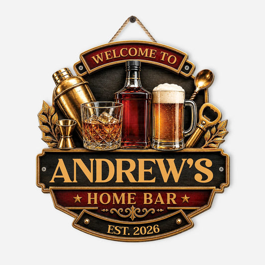 Welcome to Home Bar Personalized Wood Sign - Custom Whiskey Man Cave Decor
