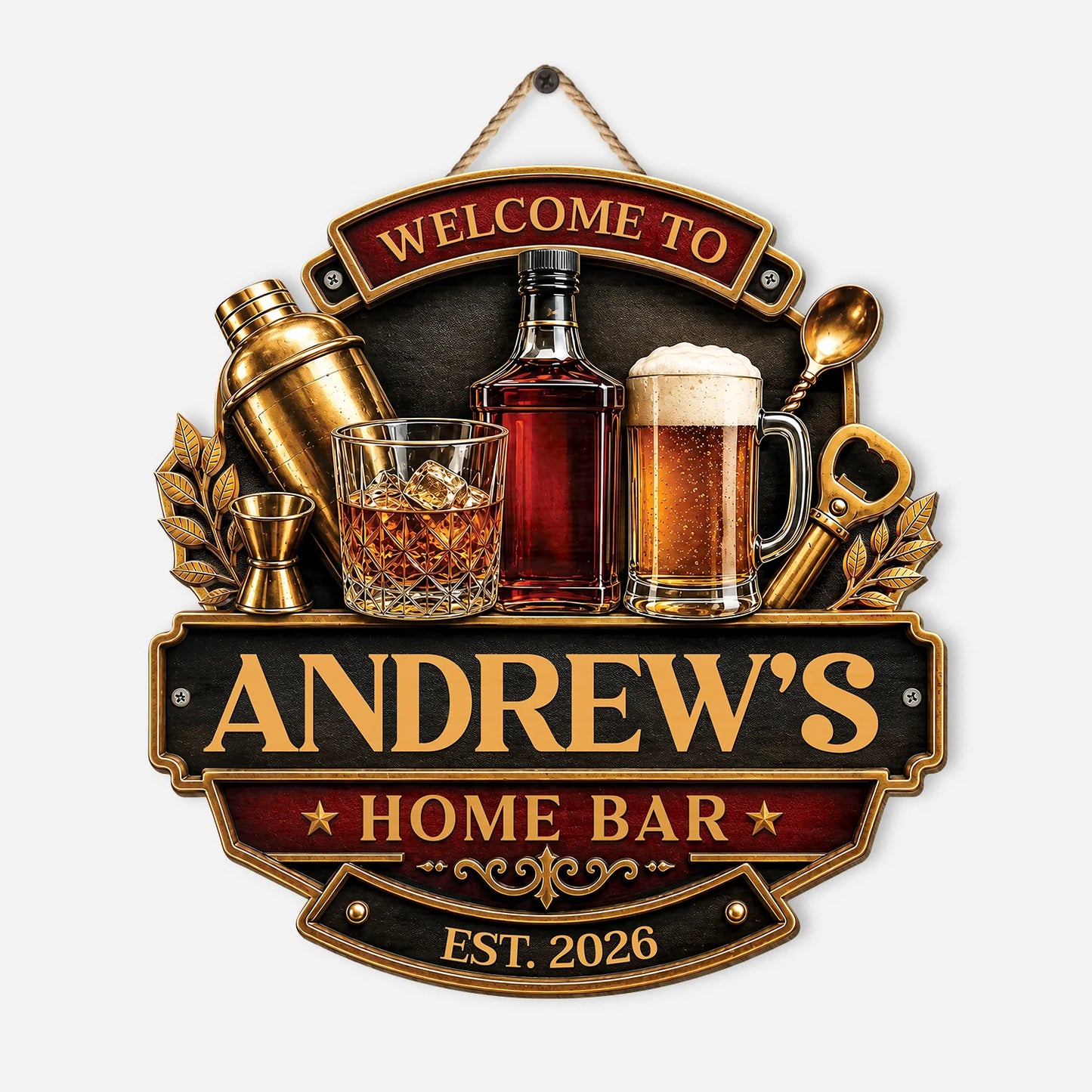 Welcome to Home Bar Personalized Wood Sign - Custom Whiskey Man Cave Decor