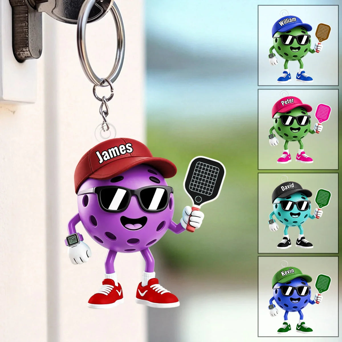 Personalized Pickleball Player Keychain - Custom Cartoon Pickleball Lover Bag Tag Gift