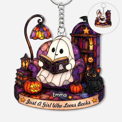 Just A Girl Who Loves Books Personalized Halloween Ghost Acrylic Keychain - Custom Book Lover Gift