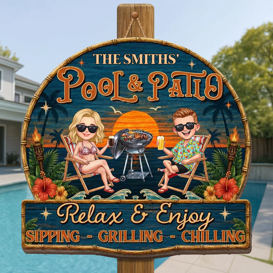 Custom pool and patio wood sign with cartoon couple relaxing by the grill - personalized backyard decor