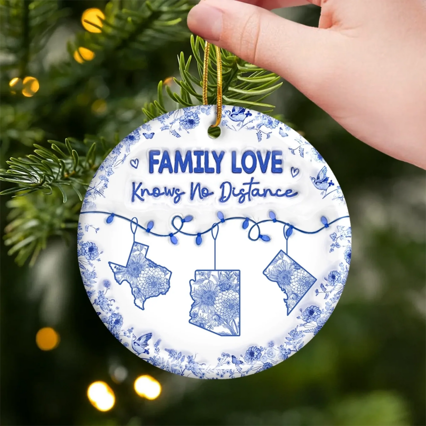 Family Love Knows No Distance Personalized Ceramic Ornament - Custom Long Distance Christmas Gift