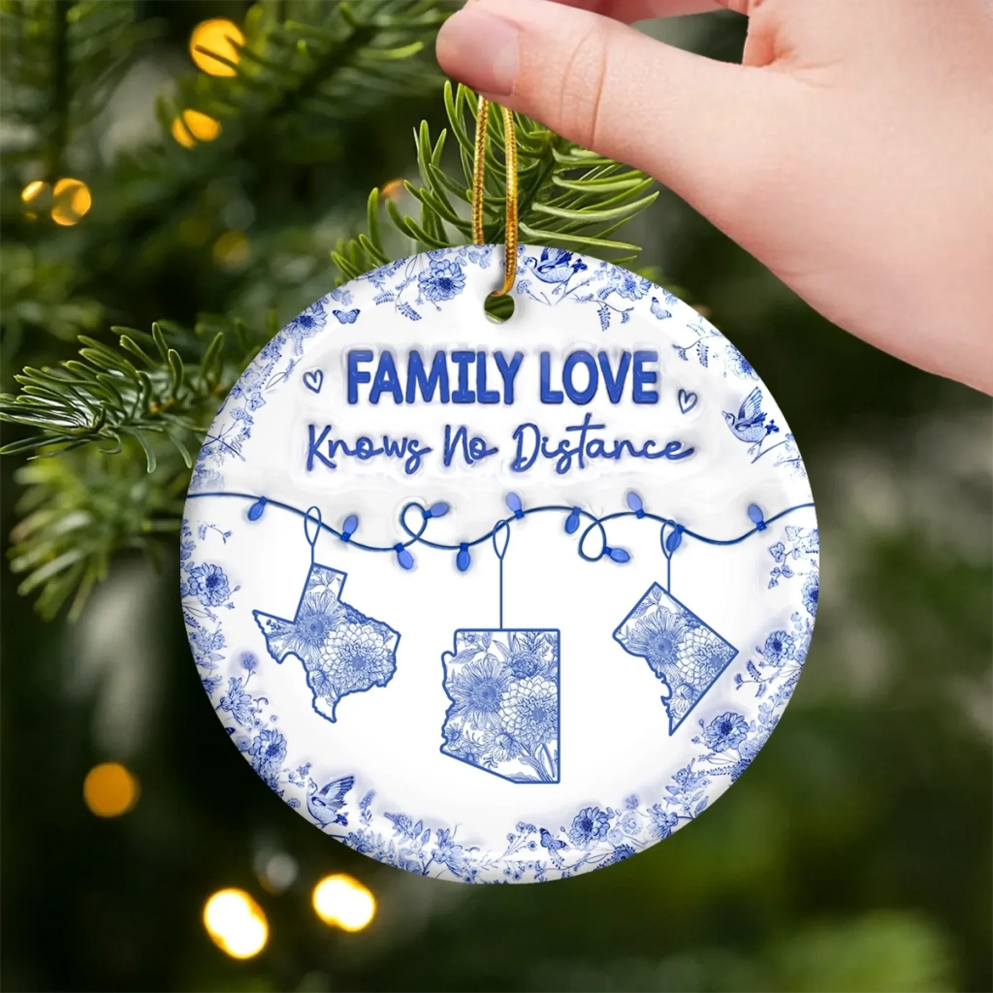 Family Love Knows No Distance Personalized Ceramic Ornament - Custom Long Distance Christmas Gift