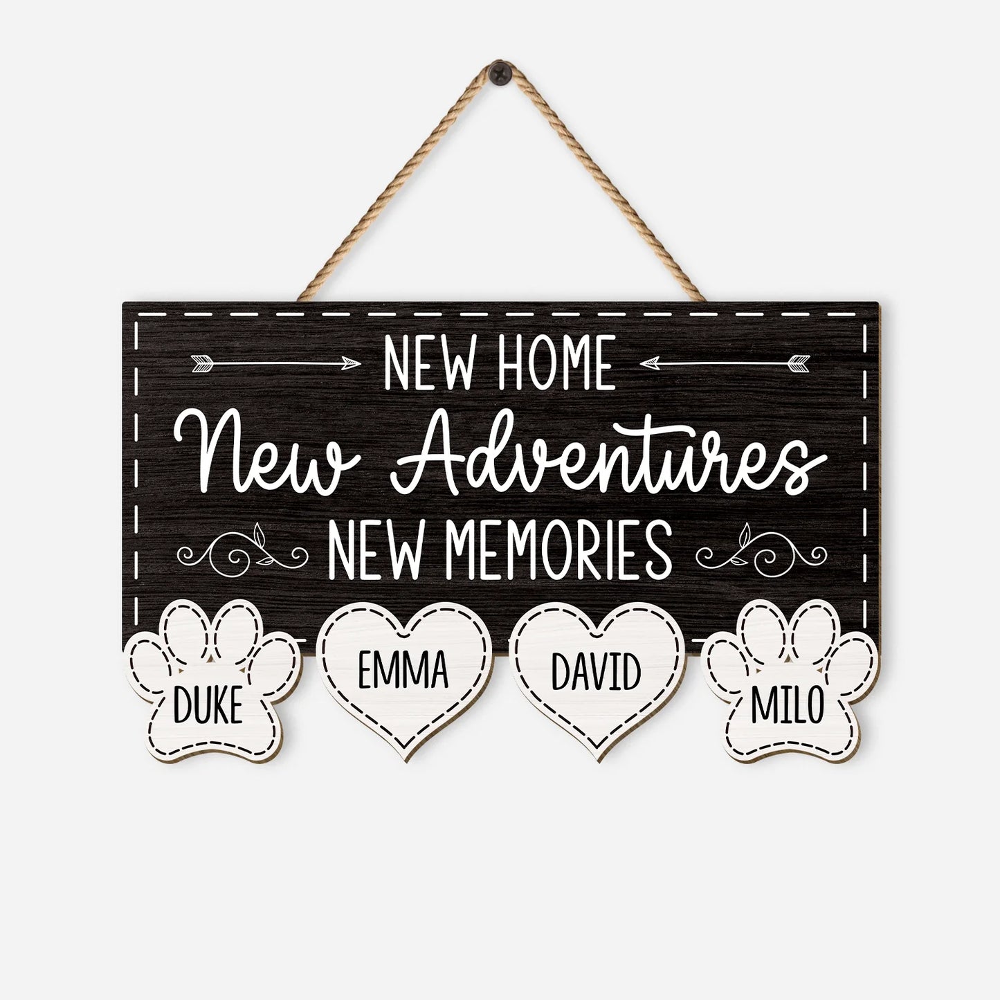 New Home New Adventures Personalized Wood Sign - Custom Housewarming Gift for Family with Pets