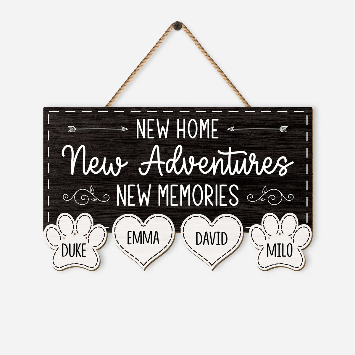 New Home New Adventures Personalized Wood Sign - Custom Housewarming Gift for Family with Pets