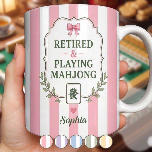 Personalized Retired Mahjong Mug for Mom with personalized design details for meaningful gifting