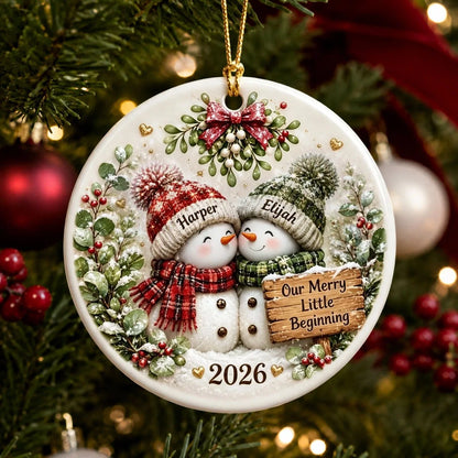 "Our Merry Little Beginning" Personalized Snowman Couple Ornament - Custom First Christmas Keepsake Gift for Couples