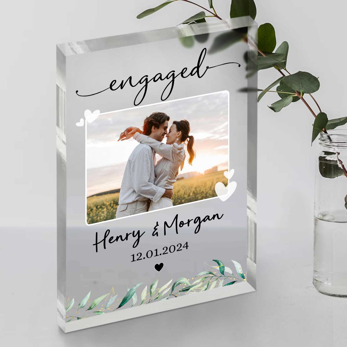 "Engaged" Personalized Photo Acrylic Block Plaque - Custom Couple Gift for Newly Engaged Keepsake