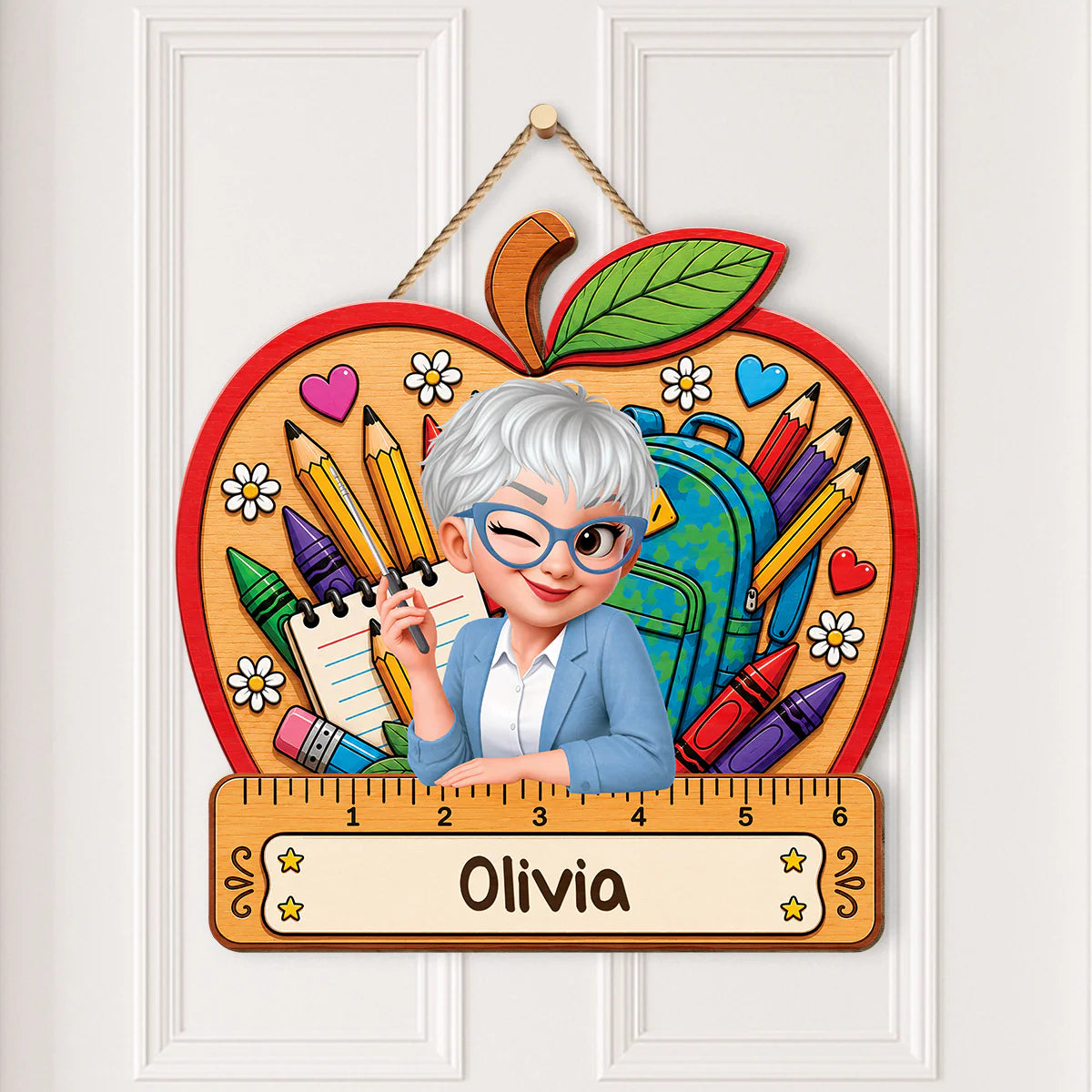 Personalized Teacher Apple Wood Sign personalization view for Teacher