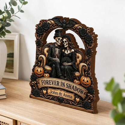 "Forever In Shadow" Personalized Skeleton Couple Wooden Block - Custom Gothic Halloween & Wedding Keepsake Gift for Couples