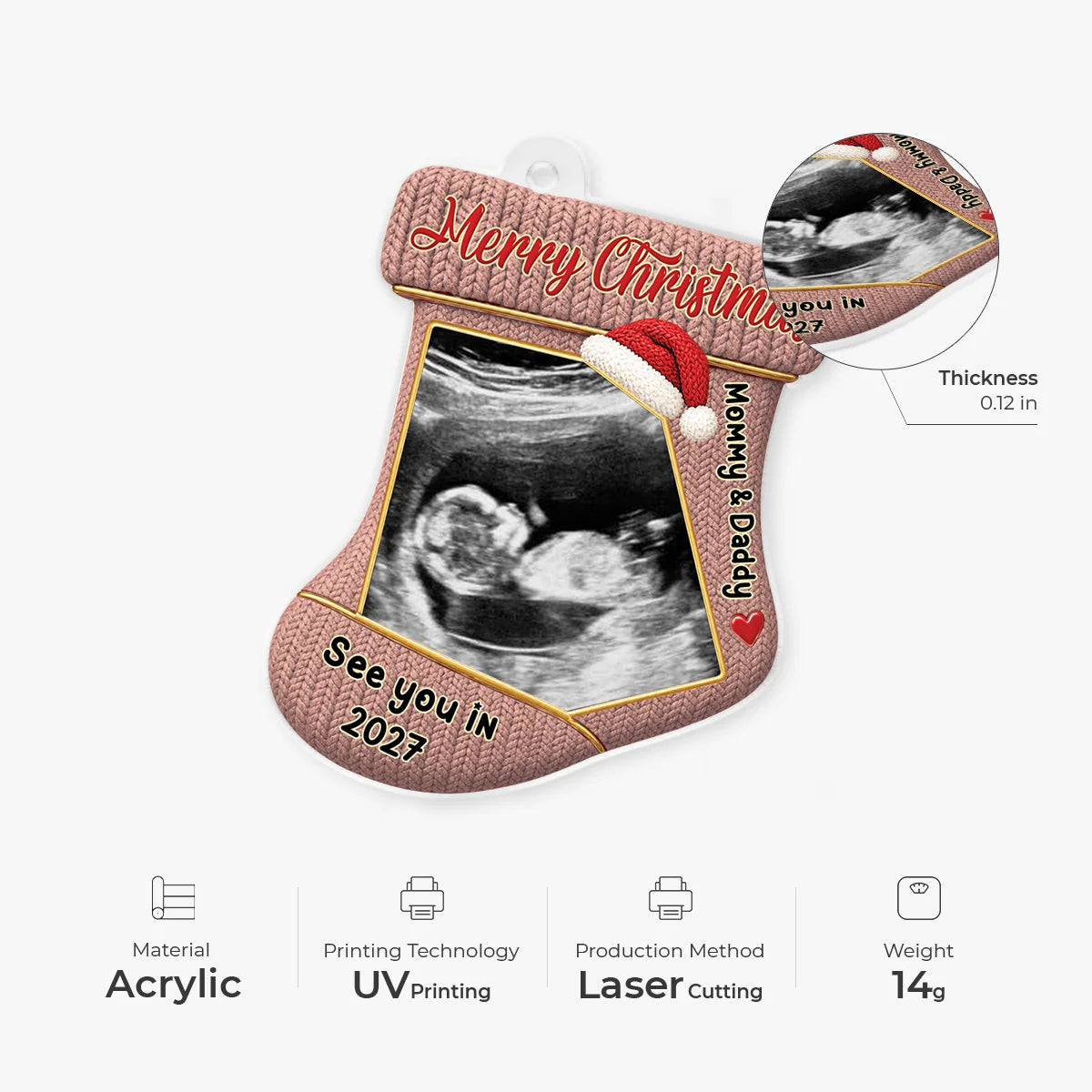 "See You In 2027" Custom Ultrasound Baby Photo Christmas Stocking Acrylic Ornament - Personalized Gifts for Parents-to-Be