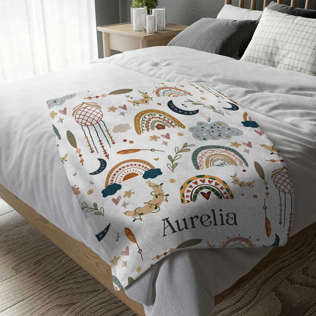 Custom Name Boho Rainbow Baby Blanket – Personalized Nursery Throw Gift for Newborn