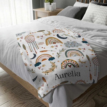 Custom Name Boho Rainbow Baby Blanket – Personalized Nursery Throw Gift for Newborn