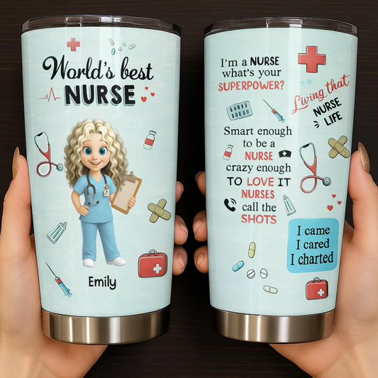 Personalized nurse tumbler featuring medical symbols and cute cartoon nurse for RN appreciation gifts