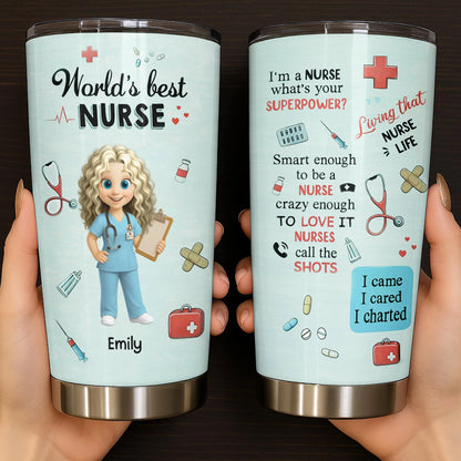 Personalized nurse tumbler featuring medical symbols and cute cartoon nurse for RN appreciation gifts