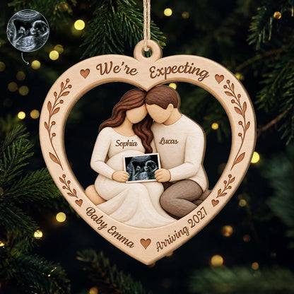 "We're Expecting" Personalized Wooden Ornament - Custom Ultrasound Photo Christmas Keepsake for Expecting Parents