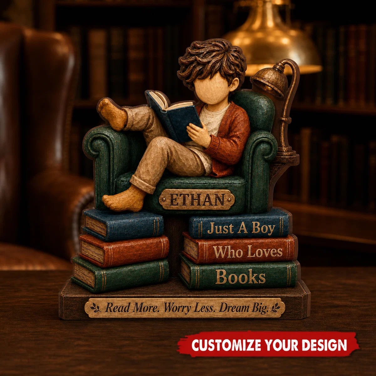 "Just A Boy Who Loves Books" Personalized Wooden Block - Custom Reading Room Decor Keepsake Gift
