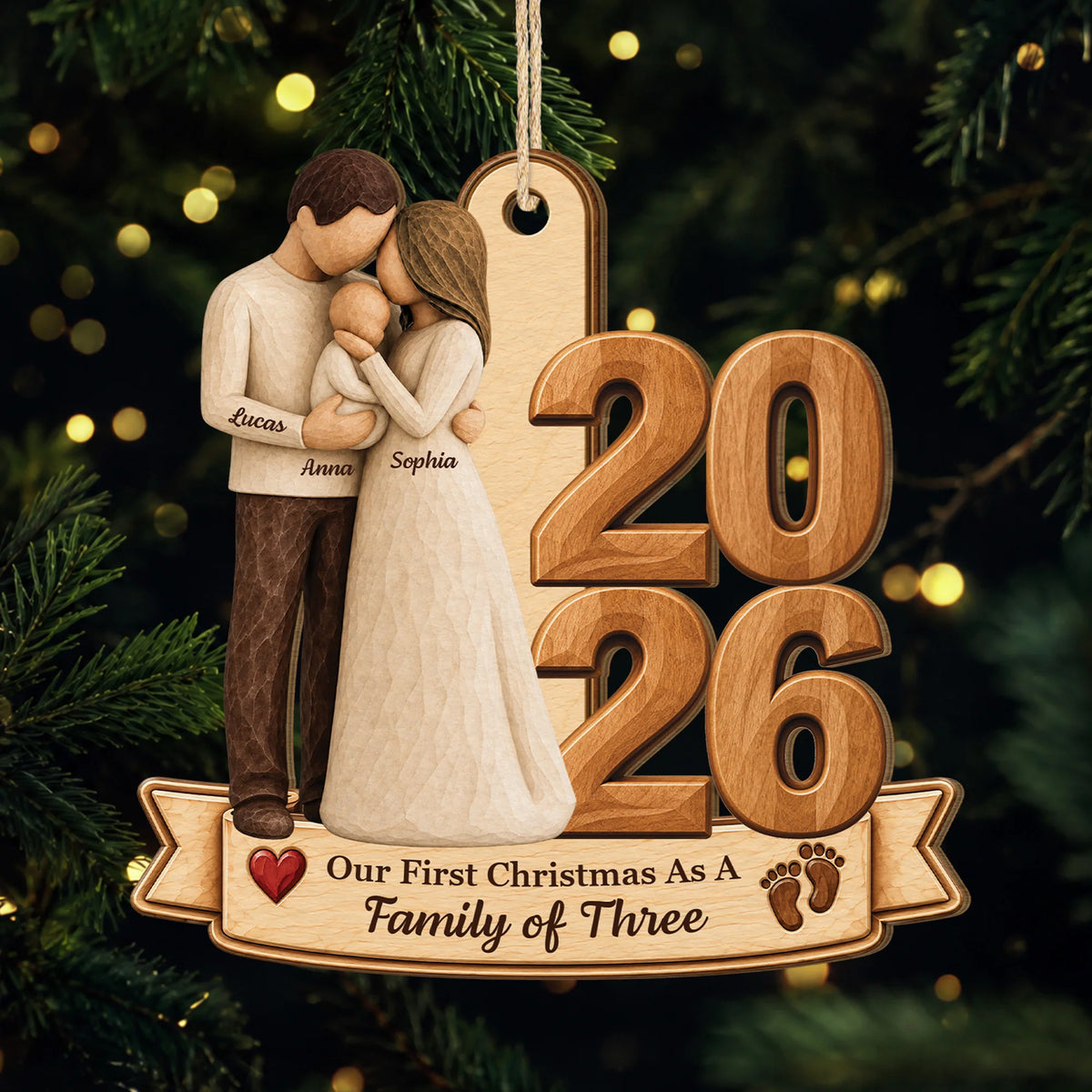 "Our First Christmas As Family Of Three" Custom Wooden Ornament - Personalized Gift for New Parents