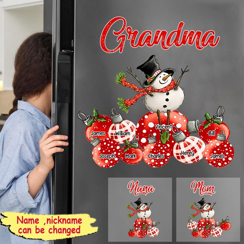 Personalized Snowman with Christmas Balls Decal Sticker Custom Name - Holiday Decor Gift for Grandma