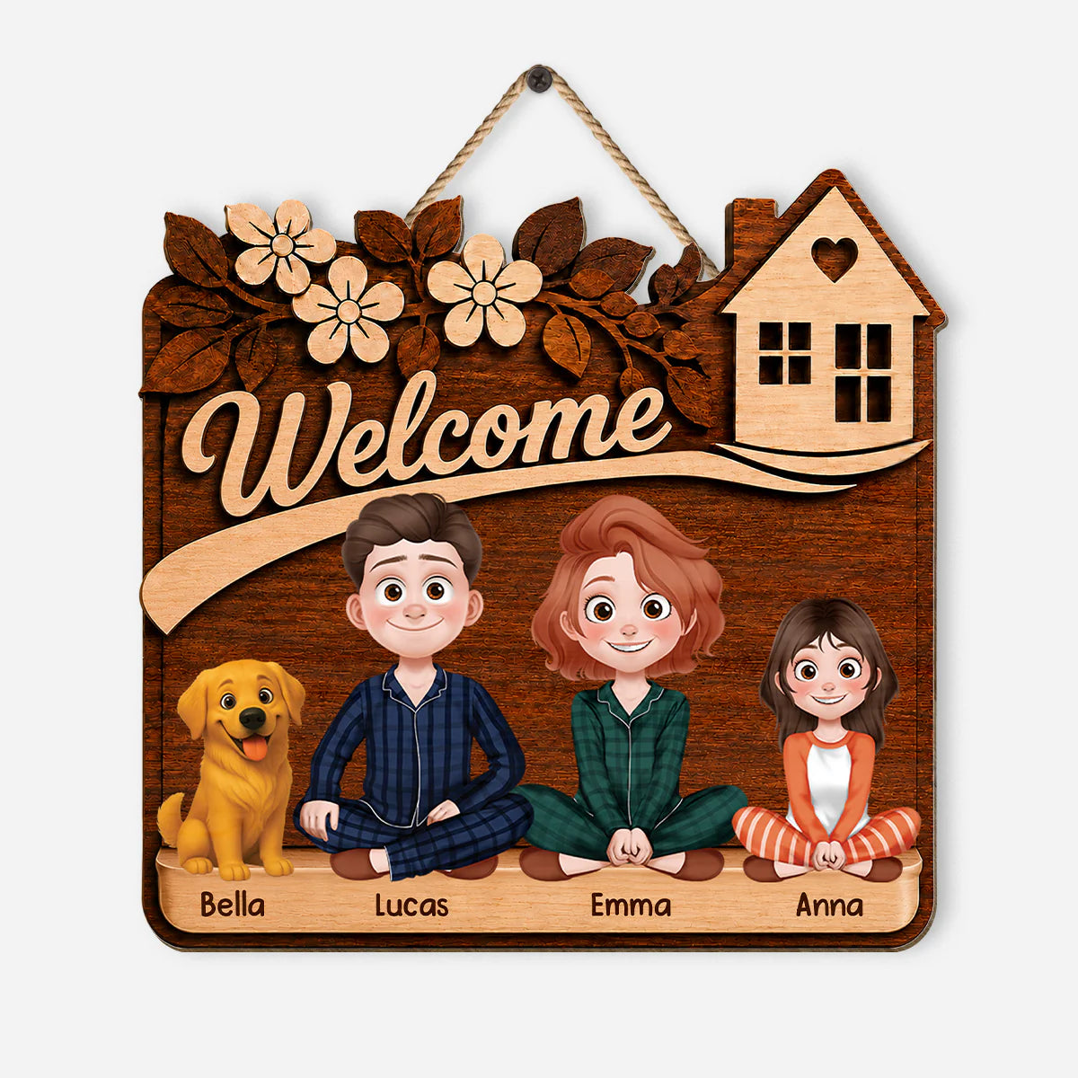 Personalized family wood sign with custom characters and names, welcome door hanger for new home gift decor
