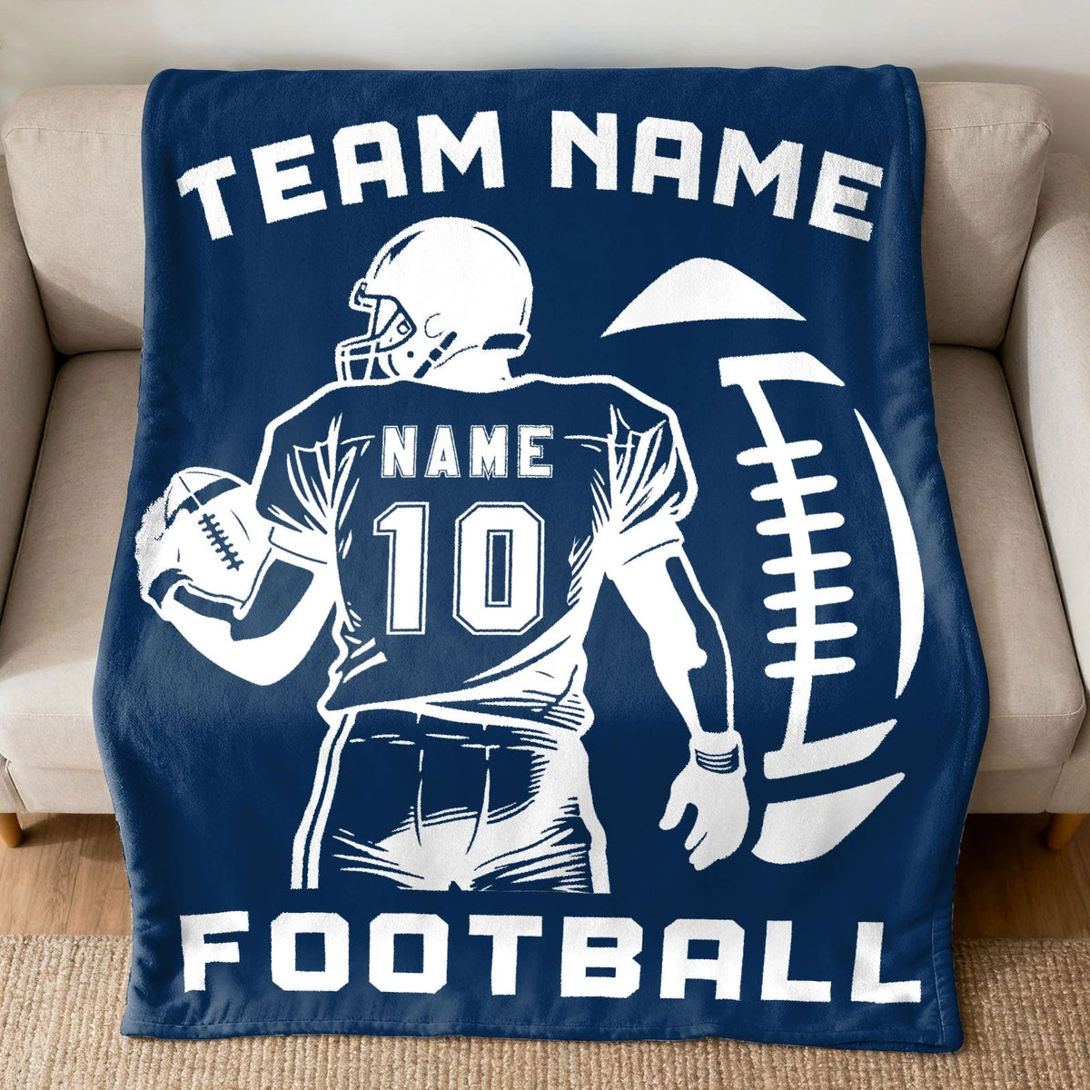Custom Football Blanket with Name Jersey Number - Personalized Fleece Throw Blanket for Football Players