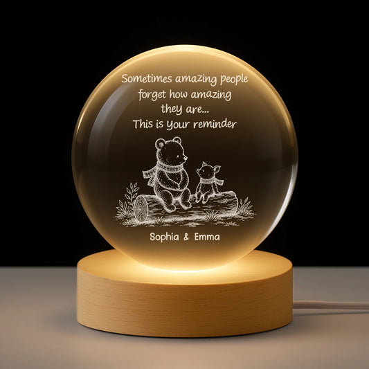 Personalized crystal ball lamp with bear illustration and motivational quote gift for best friend