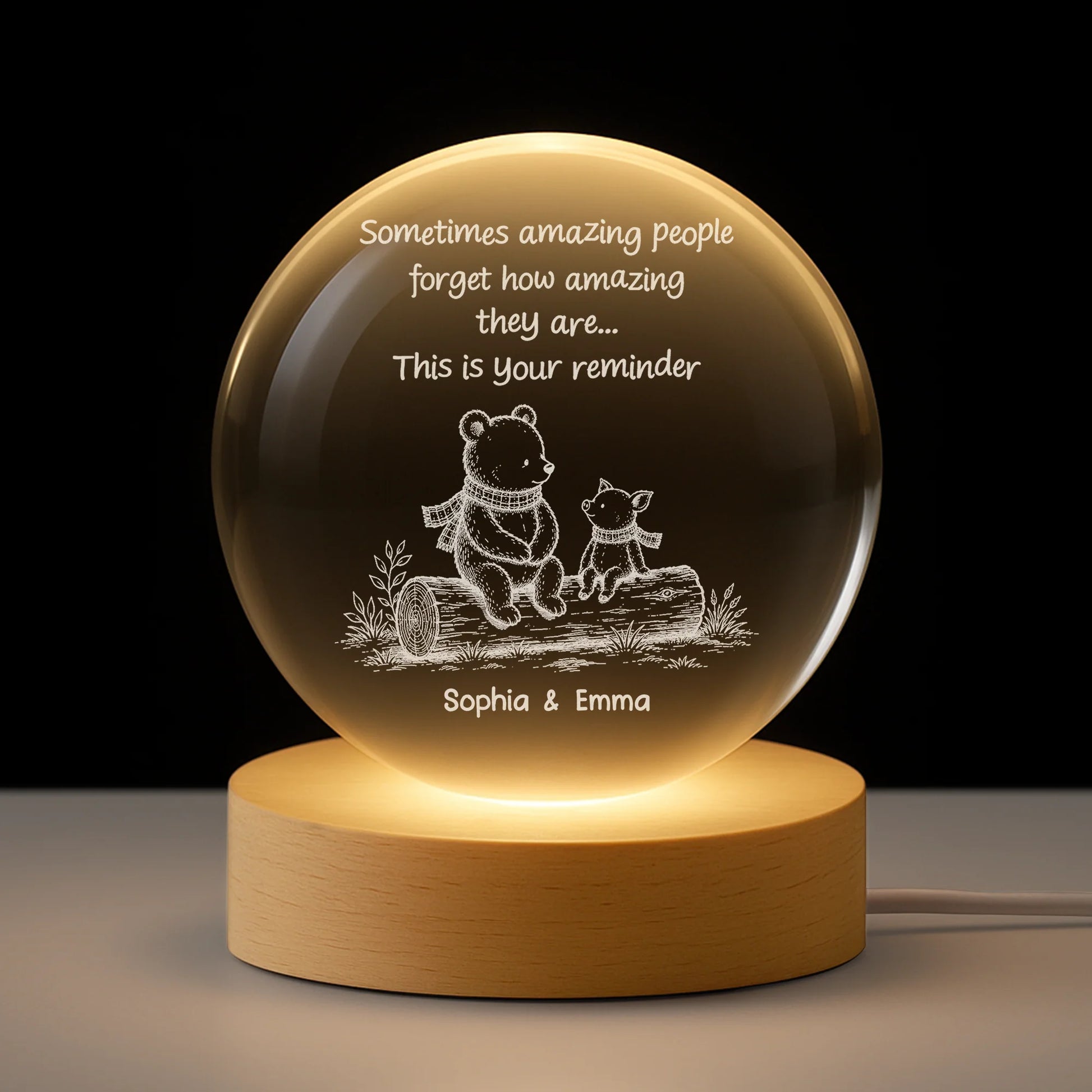 Personalized crystal ball lamp with bear illustration and motivational quote gift for best friend