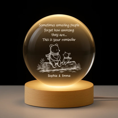 Personalized crystal ball lamp with bear illustration and motivational quote gift for best friend