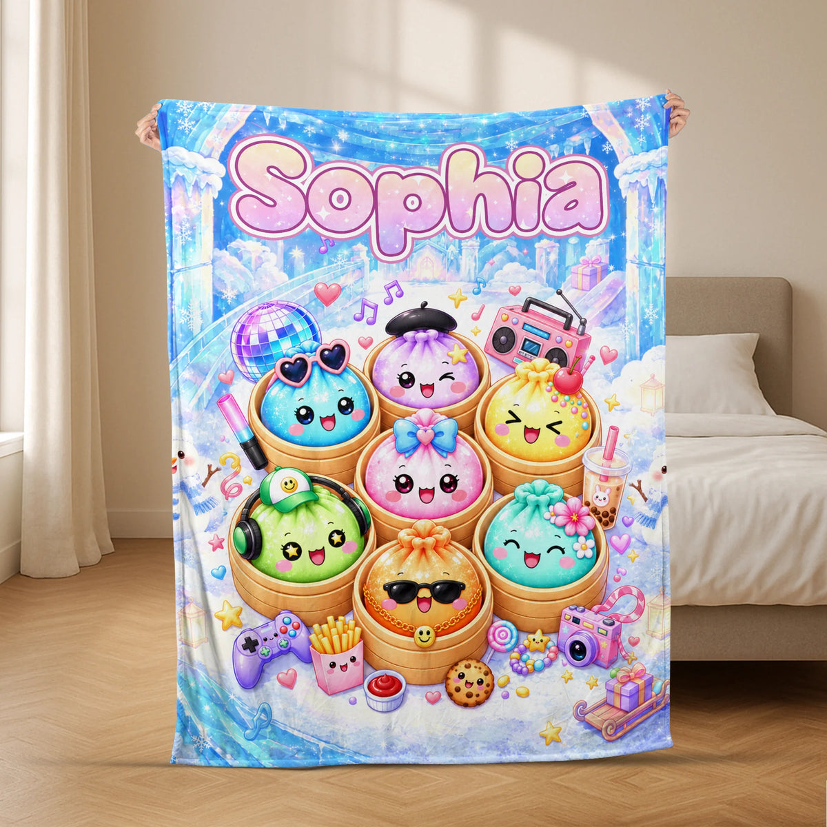 Cute Kawaii Dumpling Custom Name Blanket - Personalized Soft Kids Blanket, Birthday Gift for Boys & Girls
