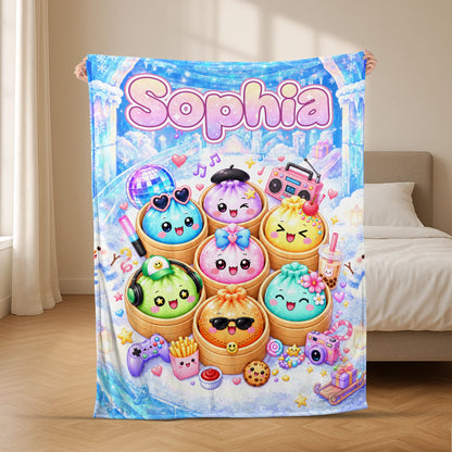 Cute Kawaii Dumpling Custom Name Blanket - Personalized Soft Kids Blanket, Birthday Gift for Boys & Girls