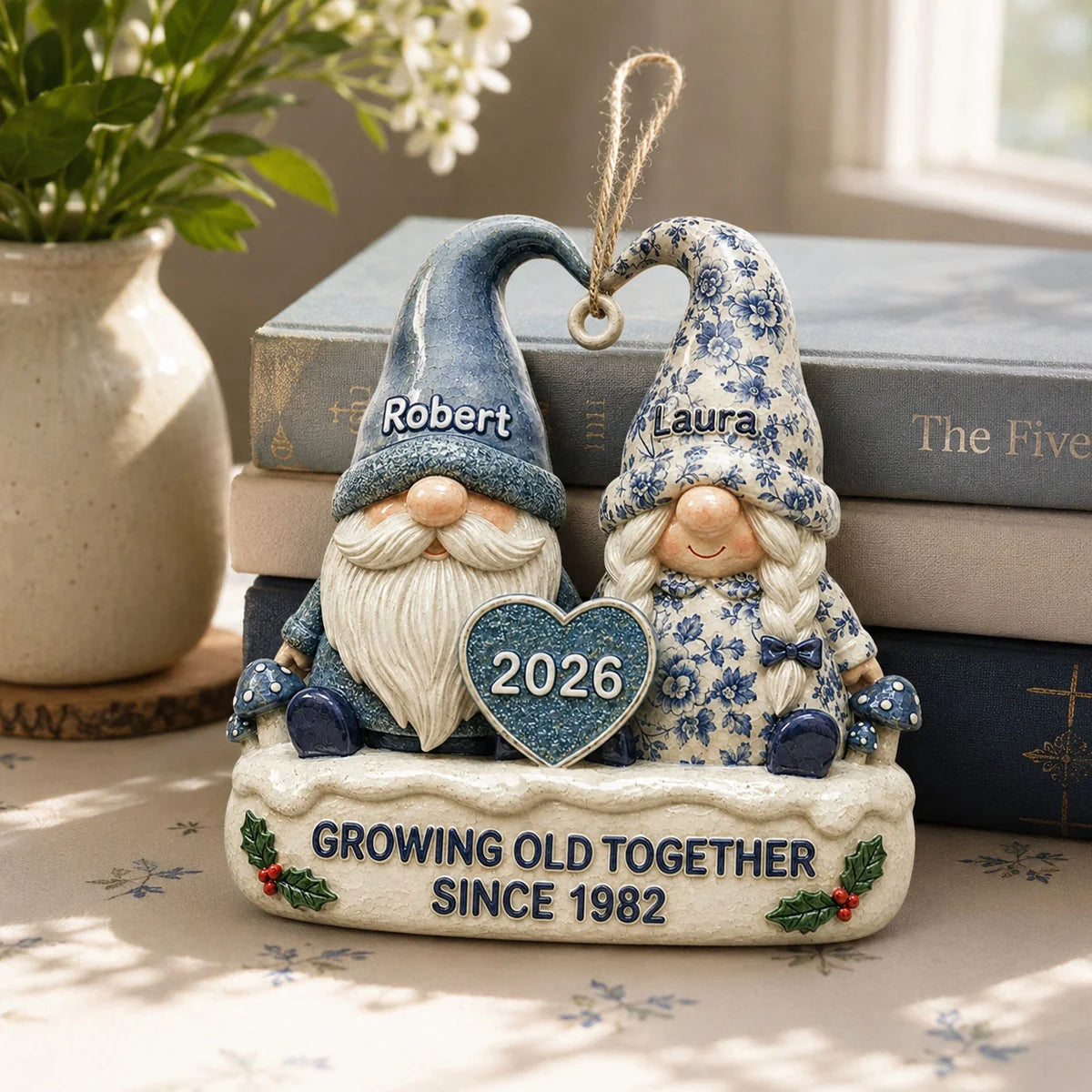 Growing Old Together Personalized Gnome Couple Acrylic Ornament - Custom Vintage Anniversary Gift