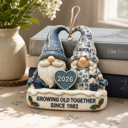 Growing Old Together Personalized Gnome Couple Acrylic Ornament - Custom Vintage Anniversary Gift