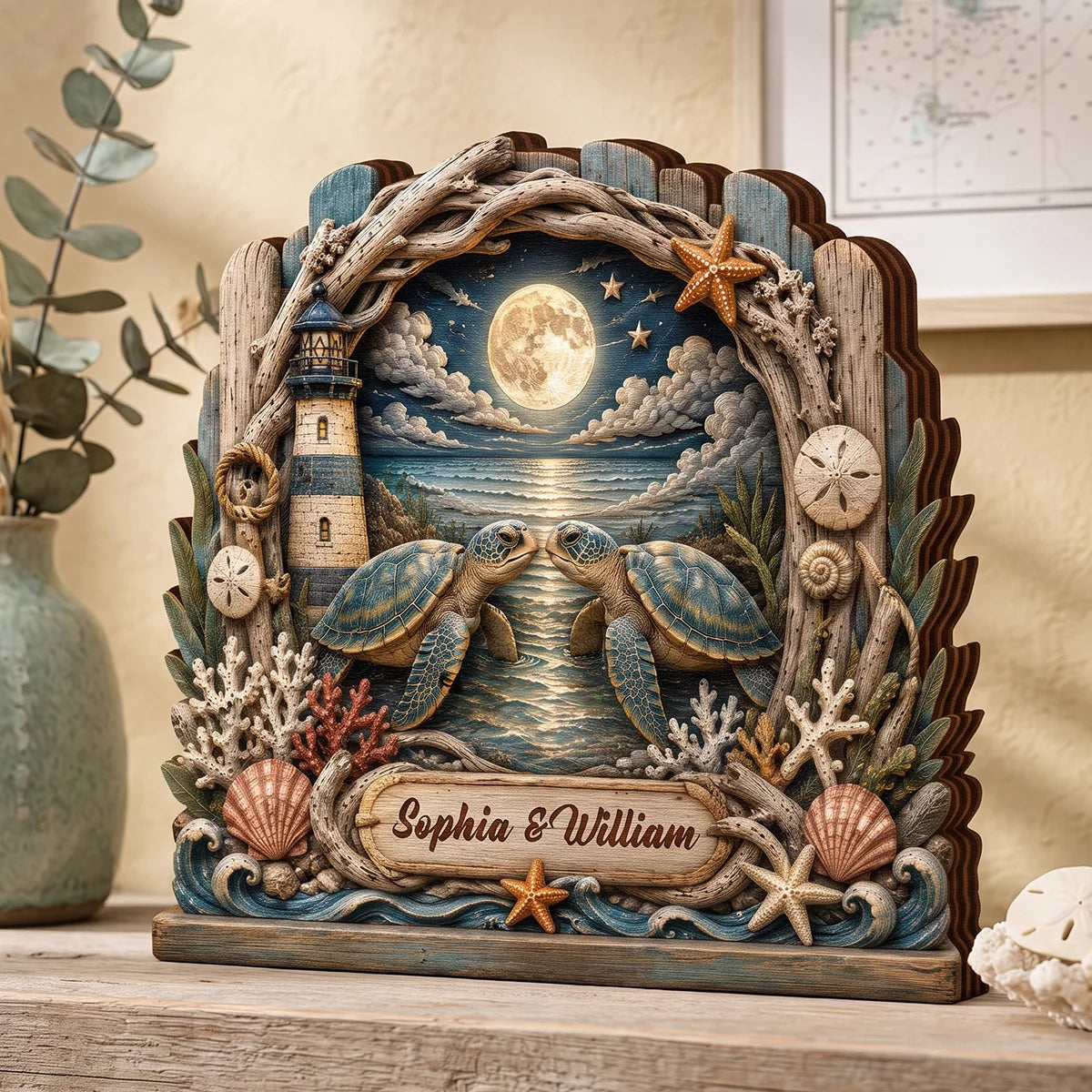 Turtley In Love Personalized Sea Turtle Wooden Block - Custom Gift for Couples Anniversary