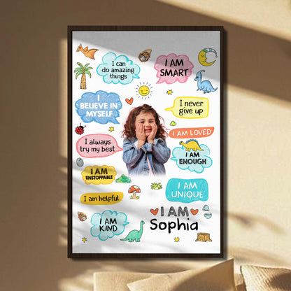 Personalized kids affirmation poster featuring custom name Sophia and motivational quotes with cute dinosaur drawings