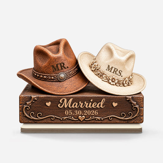 Mr and Mrs Cowboy Hats Couple Wooden Plaque - Personalized Wedding Gift for Couples
