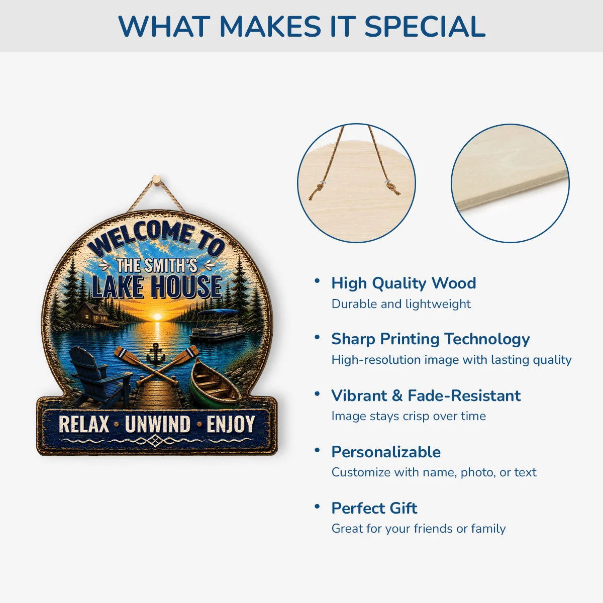 Wood Sign material and size view - Personalized Lake House Wood Sign